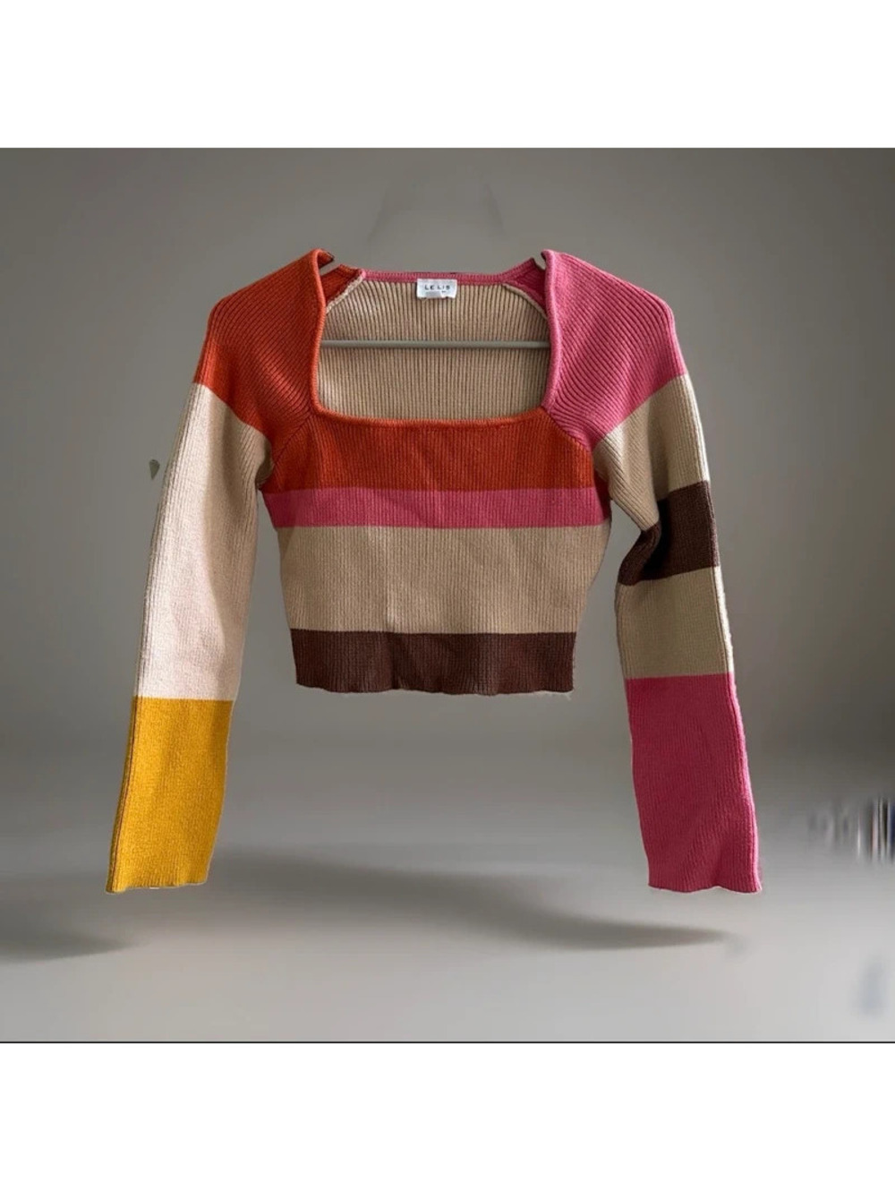 LE LIS Colorblock Rib Knit Crop Sweater Women’s Large Square Neck Y2K Top